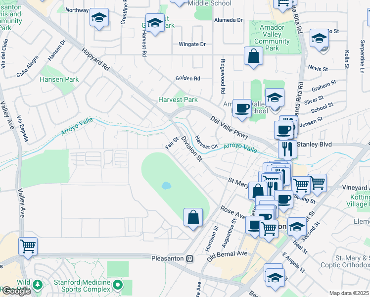 map of restaurants, bars, coffee shops, grocery stores, and more near 1029 Division Street in Pleasanton