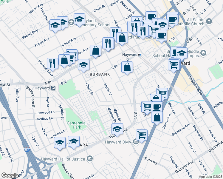 map of restaurants, bars, coffee shops, grocery stores, and more near 22799 Arnold Court in Hayward