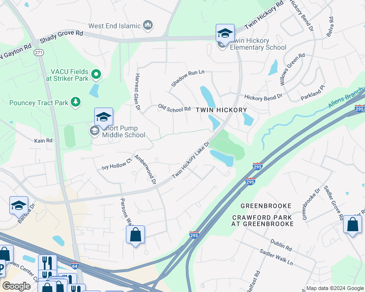 map of restaurants, bars, coffee shops, grocery stores, and more near 4704 Twin Hickory Lake Drive in Glen Allen