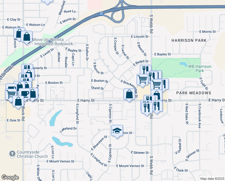 map of restaurants, bars, coffee shops, grocery stores, and more near 9100 East Harry Street in Wichita