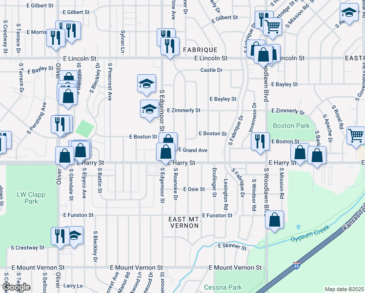 map of restaurants, bars, coffee shops, grocery stores, and more near 1168 Pineridge Street in Wichita