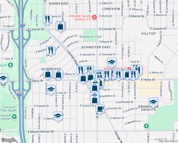 map of restaurants, bars, coffee shops, grocery stores, and more near 1301-1399 South Lorraine Street in Wichita