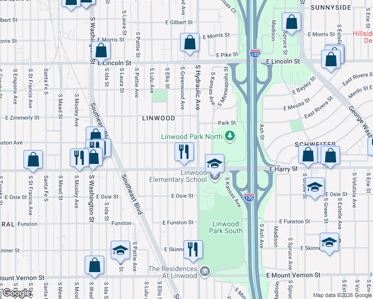map of restaurants, bars, coffee shops, grocery stores, and more near 1438-1498 S Greenwood St in Wichita