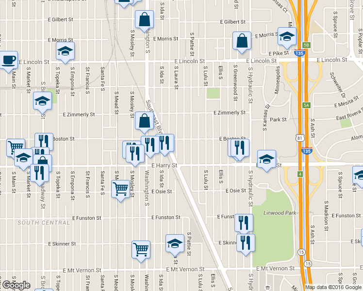 map of restaurants, bars, coffee shops, grocery stores, and more near 1216 East Boston Street in Wichita