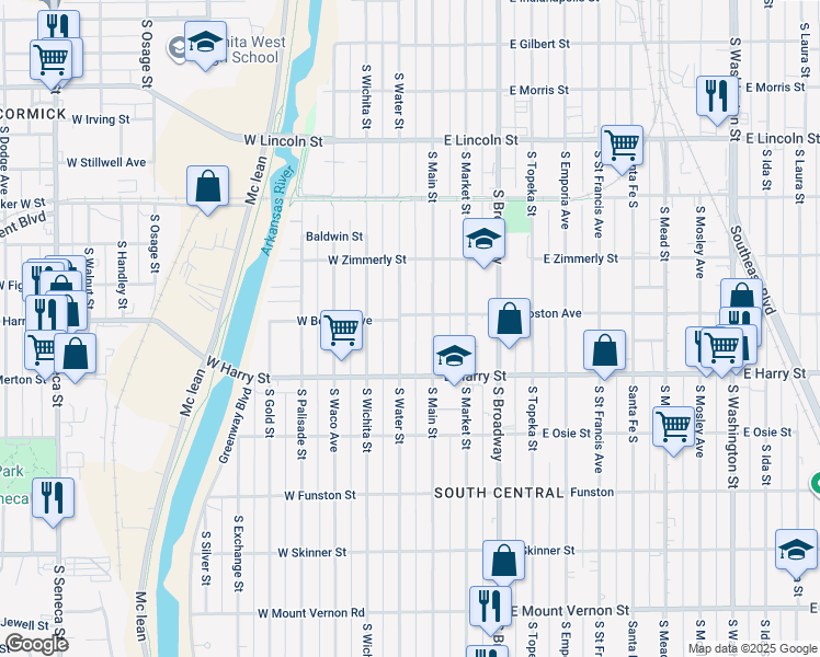 map of restaurants, bars, coffee shops, grocery stores, and more near 1447 South Water Street in Wichita