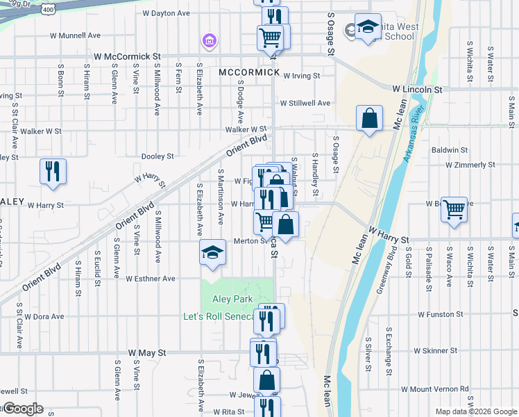 map of restaurants, bars, coffee shops, grocery stores, and more near in Wichita
