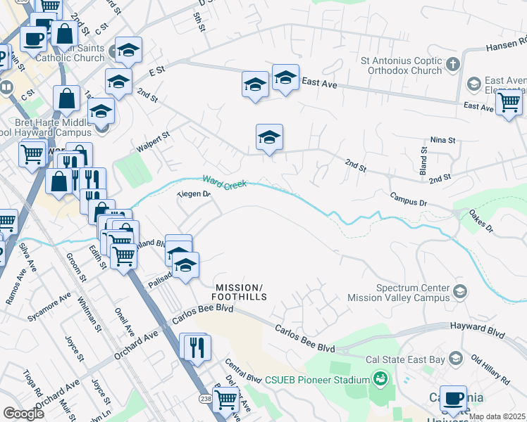 map of restaurants, bars, coffee shops, grocery stores, and more near 1358 Highland Boulevard in Hayward