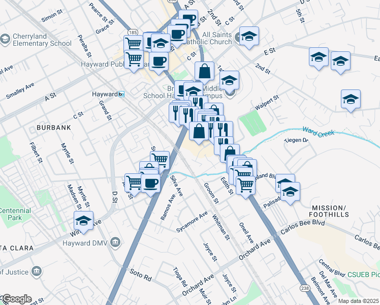 map of restaurants, bars, coffee shops, grocery stores, and more near 794 Fletcher Lane in Hayward