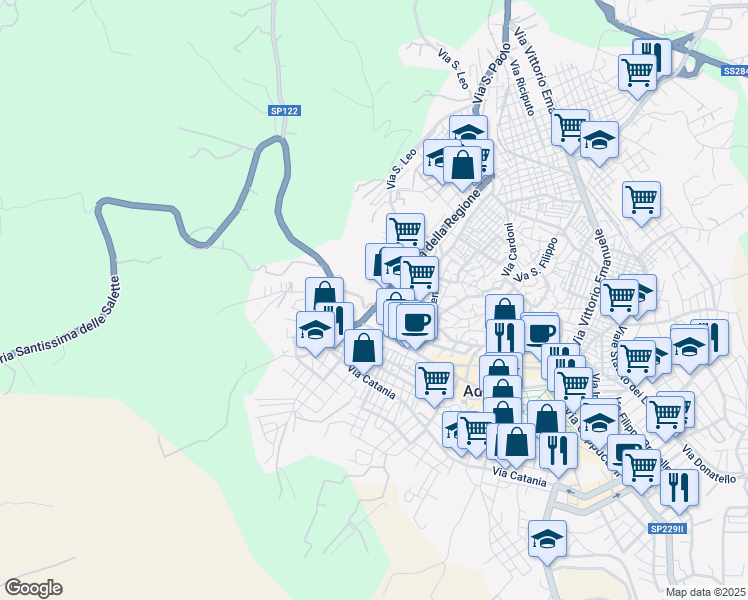 map of restaurants, bars, coffee shops, grocery stores, and more near 27 Via della Regione in Adrano