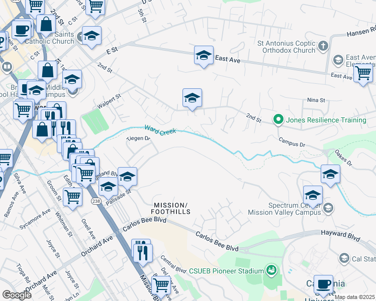 map of restaurants, bars, coffee shops, grocery stores, and more near 1360 Highland Boulevard in Hayward