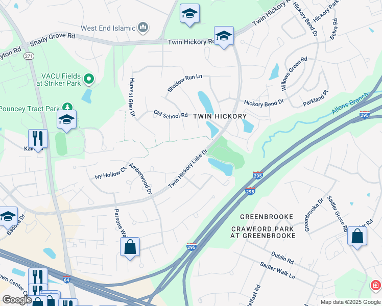 map of restaurants, bars, coffee shops, grocery stores, and more near 4606 Twin Hickory Lake Drive in Glen Allen