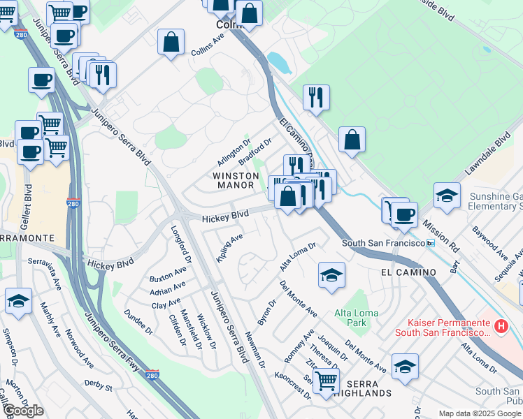 map of restaurants, bars, coffee shops, grocery stores, and more near Hickey Boulevard & Crown Circle in South San Francisco