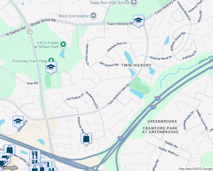 map of restaurants, bars, coffee shops, grocery stores, and more near 4682 Twin Hickory Lake Drive in Glen Allen