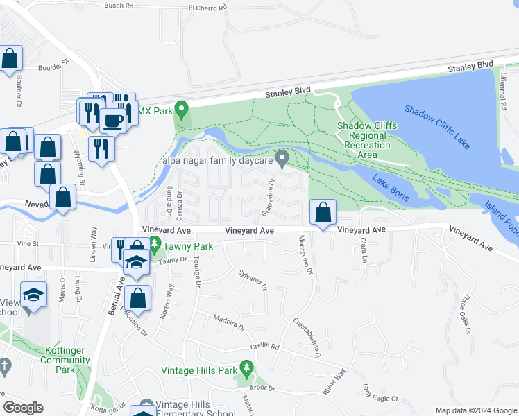 map of restaurants, bars, coffee shops, grocery stores, and more near 3170 Half Dome Drive in Pleasanton
