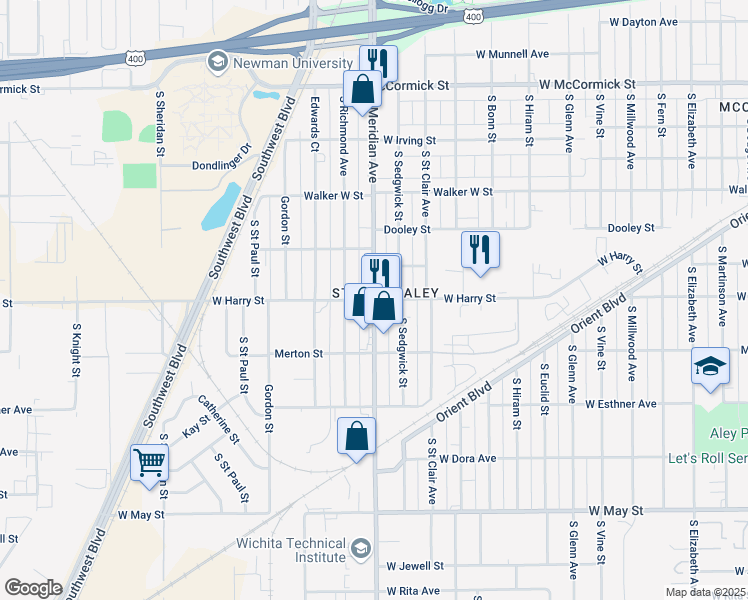 map of restaurants, bars, coffee shops, grocery stores, and more near S Meridian Ave & W Harry St in Wichita