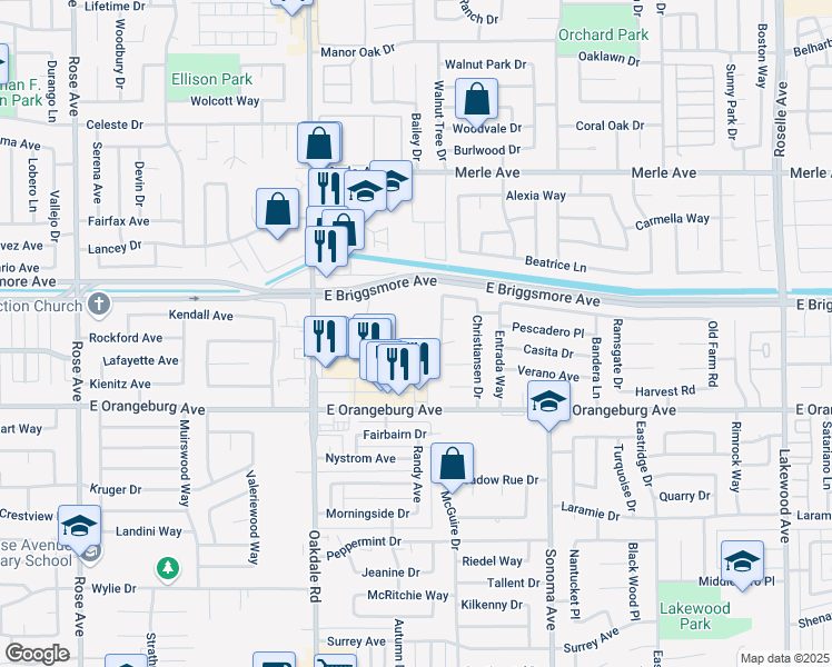 map of restaurants, bars, coffee shops, grocery stores, and more near 2339 Saint Pauls Way in Modesto
