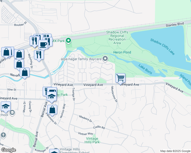 map of restaurants, bars, coffee shops, grocery stores, and more near 3107 Half Dome Drive in Pleasanton