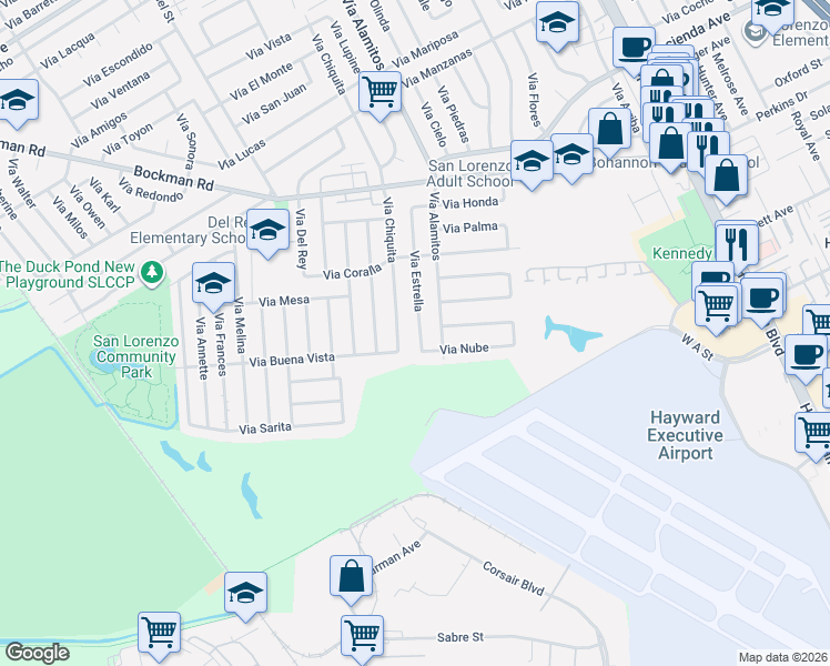 map of restaurants, bars, coffee shops, grocery stores, and more near 17349 Vía Alamitos in San Lorenzo