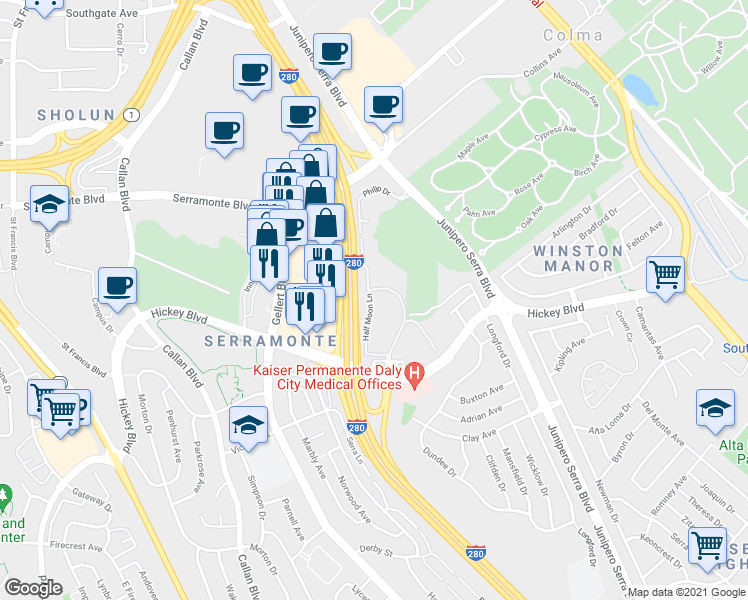 map of restaurants, bars, coffee shops, grocery stores, and more near 371 Imperial Way in Daly City