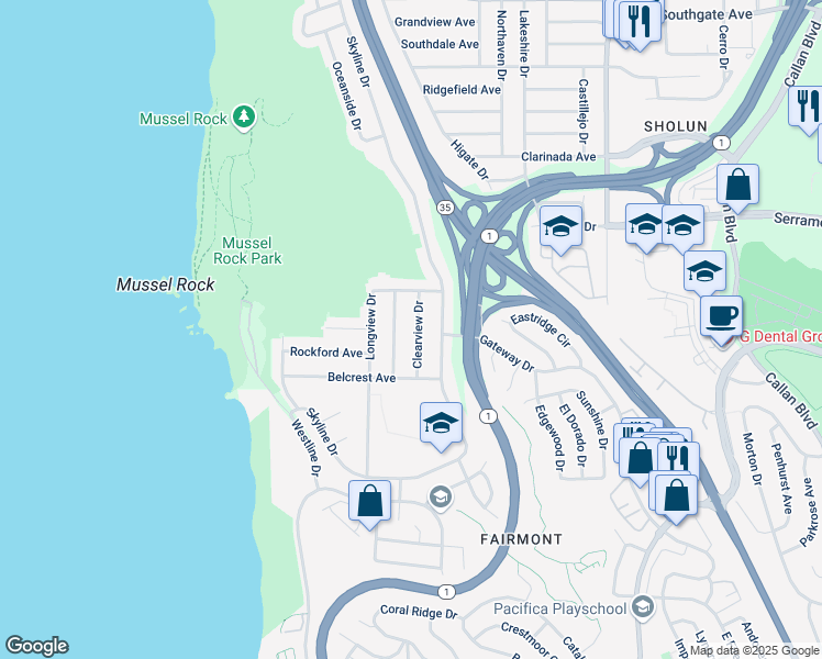 map of restaurants, bars, coffee shops, grocery stores, and more near 14 Montebello Drive in Daly City