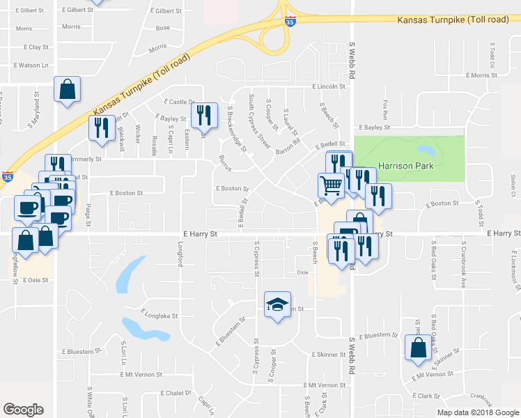 map of restaurants, bars, coffee shops, grocery stores, and more near 0 Wichita in Park City