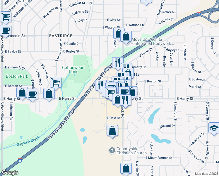 map of restaurants, bars, coffee shops, grocery stores, and more near 1175 South Rock Road in Wichita