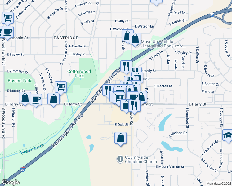 map of restaurants, bars, coffee shops, grocery stores, and more near 1175 South Rock Road in Wichita