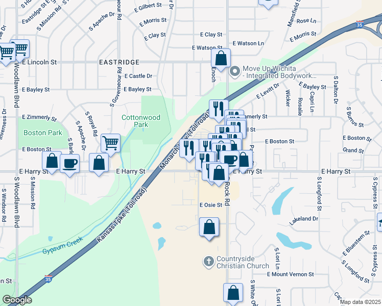 map of restaurants, bars, coffee shops, grocery stores, and more near 1200 South Doreen Street in Wichita