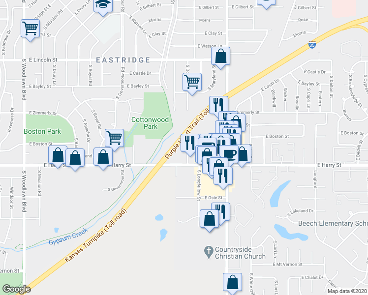 map of restaurants, bars, coffee shops, grocery stores, and more near 1200 South Doreen Street in Wichita