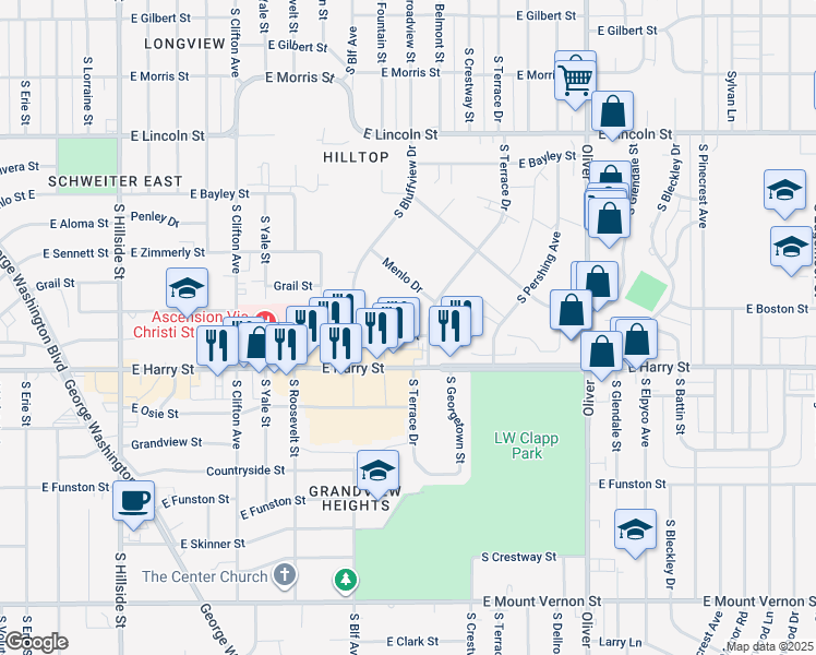 map of restaurants, bars, coffee shops, grocery stores, and more near 1409 South Terrace Drive in Wichita