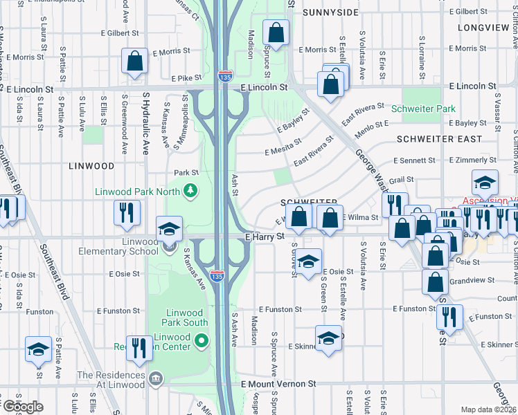map of restaurants, bars, coffee shops, grocery stores, and more near 2209 Menlo Street East in Wichita