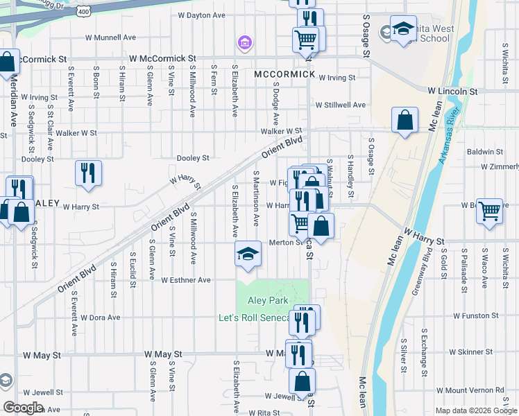 map of restaurants, bars, coffee shops, grocery stores, and more near 1518 South Martinson Street in Wichita