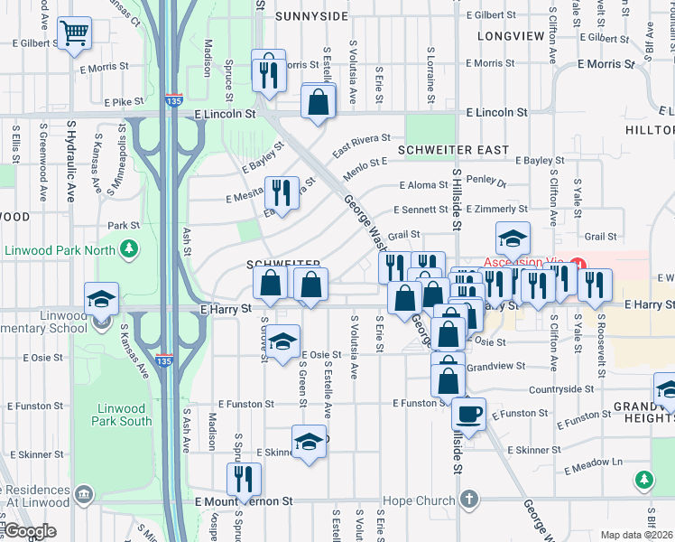 map of restaurants, bars, coffee shops, grocery stores, and more near 2548 East Sennett in Wichita