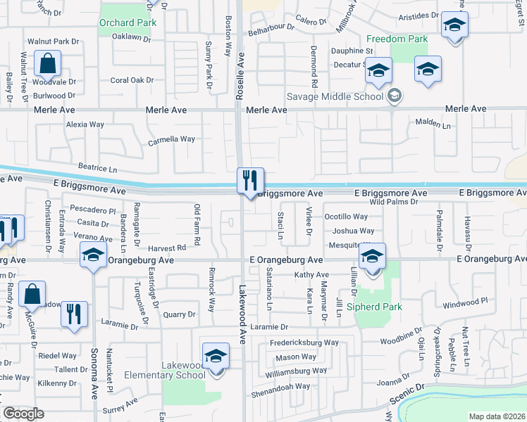 map of restaurants, bars, coffee shops, grocery stores, and more near 1500 Lakewood Avenue in Modesto