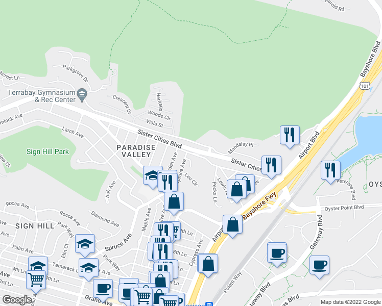 map of restaurants, bars, coffee shops, grocery stores, and more near Randolph Avenue in South San Francisco