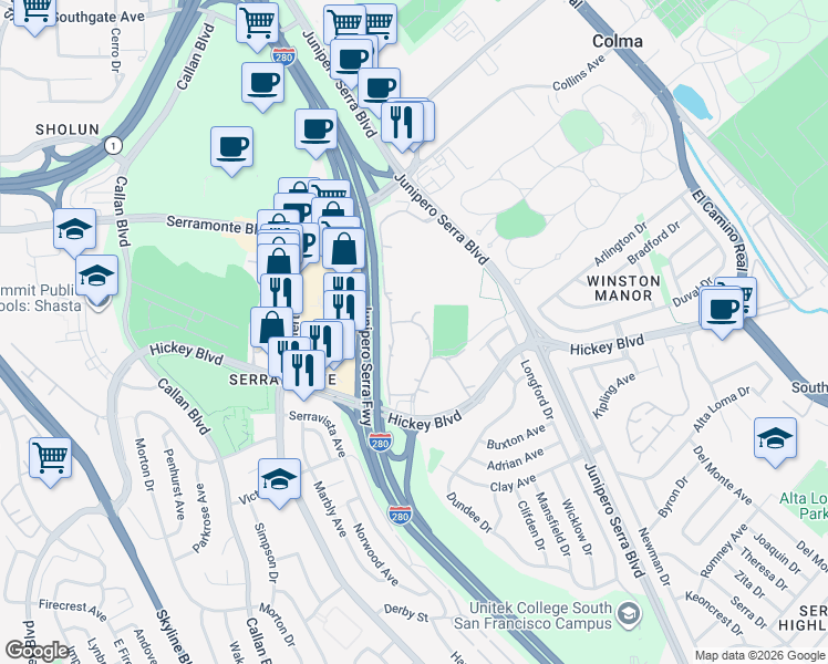 map of restaurants, bars, coffee shops, grocery stores, and more near 368 Imperial Way in Daly City