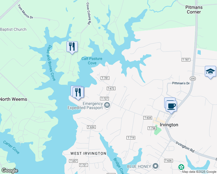 map of restaurants, bars, coffee shops, grocery stores, and more near 97 Virginia Road in Irvington