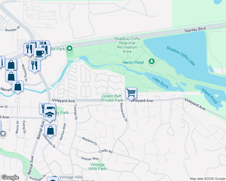map of restaurants, bars, coffee shops, grocery stores, and more near 2864 El Capitan Drive in Pleasanton