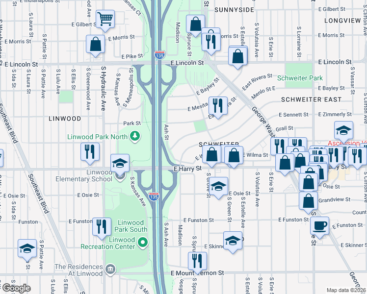 map of restaurants, bars, coffee shops, grocery stores, and more near 2209 Menlo Street East in Wichita