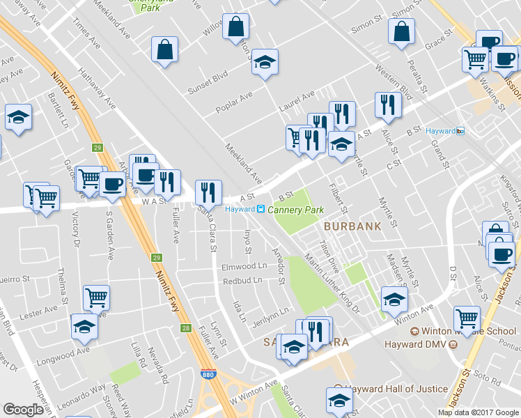 map of restaurants, bars, coffee shops, grocery stores, and more near in Hayward