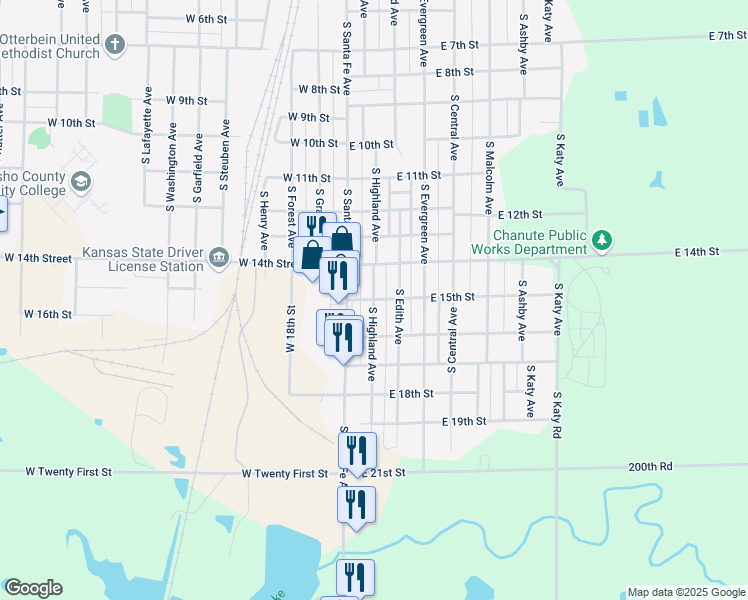 map of restaurants, bars, coffee shops, grocery stores, and more near 1500 South Highland Avenue in Chanute