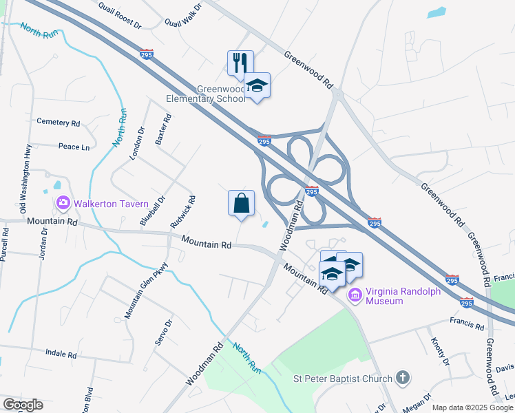 map of restaurants, bars, coffee shops, grocery stores, and more near 2520 Forget Me Not Lane in Glen Allen