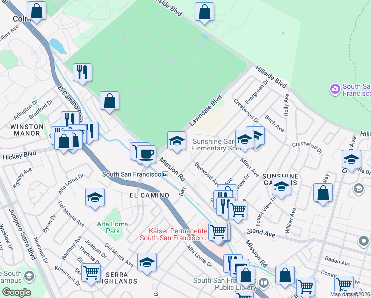 map of restaurants, bars, coffee shops, grocery stores, and more near 1320 Mission Road in South San Francisco