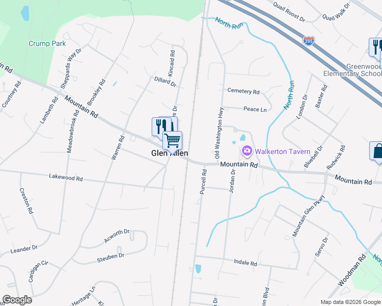 map of restaurants, bars, coffee shops, grocery stores, and more near 2992 Mountain Road in Glen Allen