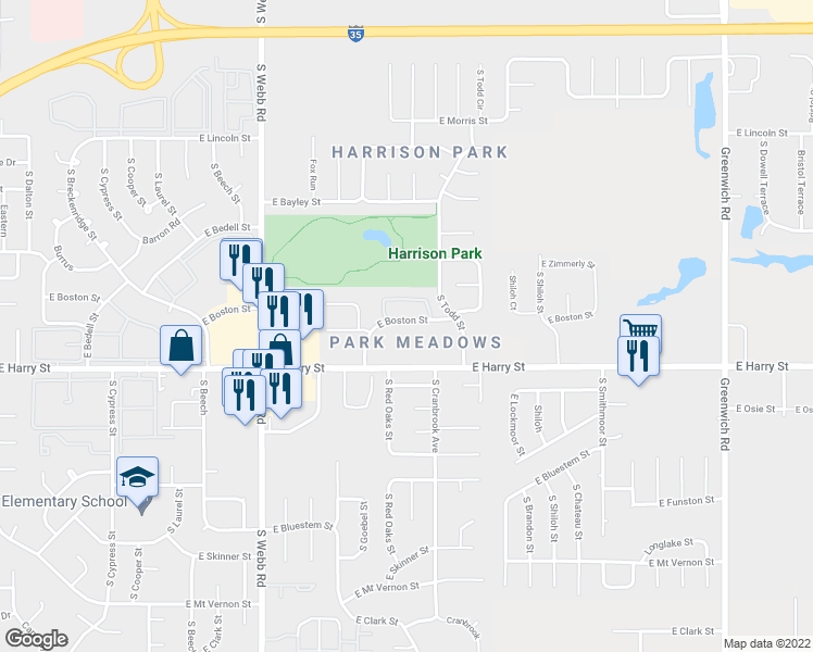 map of restaurants, bars, coffee shops, grocery stores, and more near 10039 East Boston Street in Wichita
