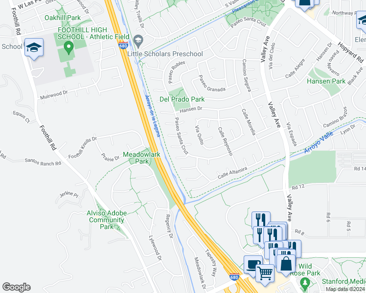 map of restaurants, bars, coffee shops, grocery stores, and more near 13084 Paseo Santa Cruz in Pleasanton