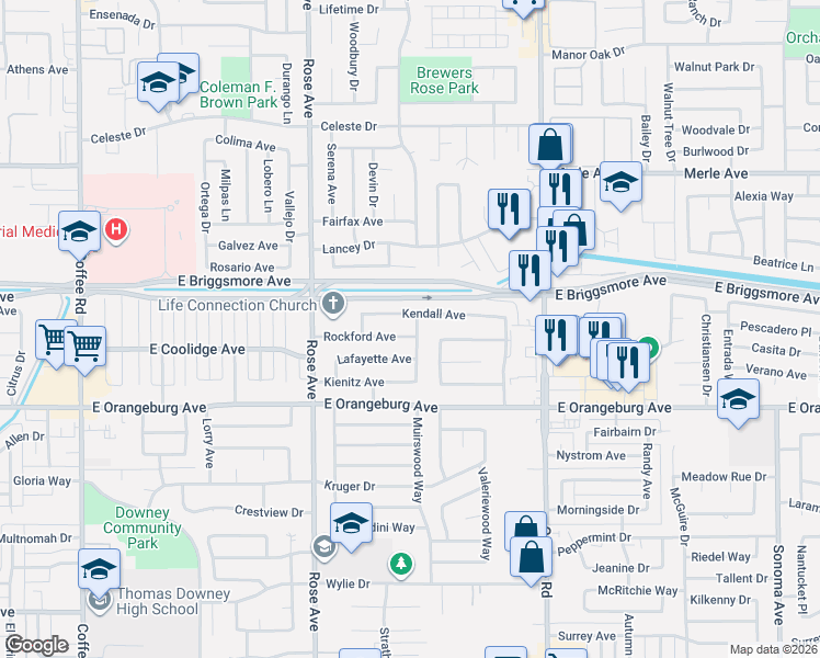 map of restaurants, bars, coffee shops, grocery stores, and more near 1925 Kendall Avenue in Modesto