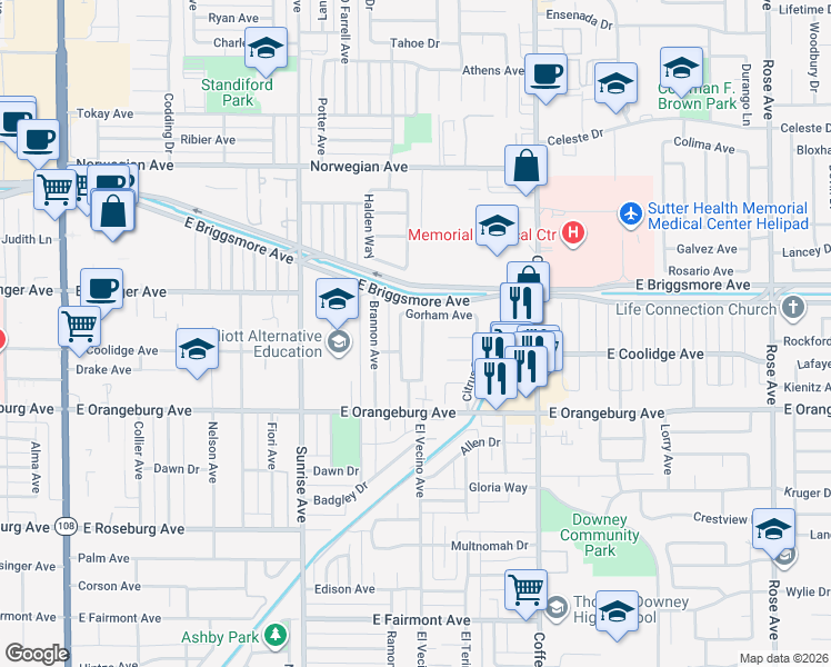 map of restaurants, bars, coffee shops, grocery stores, and more near 1517 Kingfield Drive in Modesto