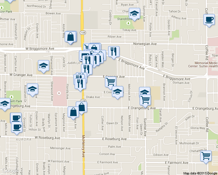 map of restaurants, bars, coffee shops, grocery stores, and more near 216 East Granger Avenue in Modesto