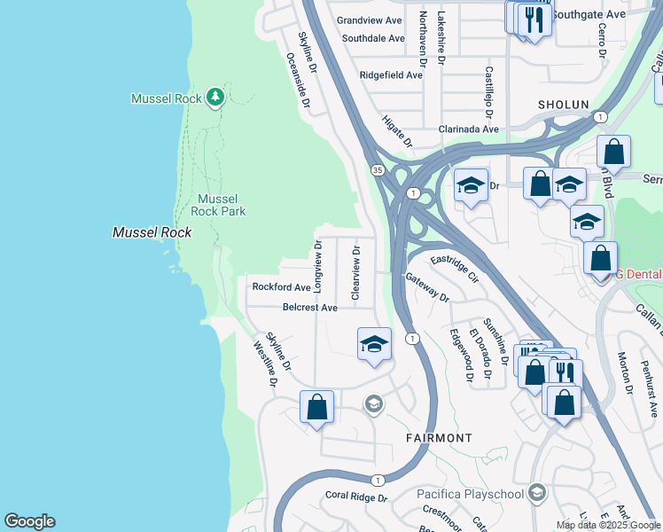 map of restaurants, bars, coffee shops, grocery stores, and more near 14 Montebello Drive in Daly City